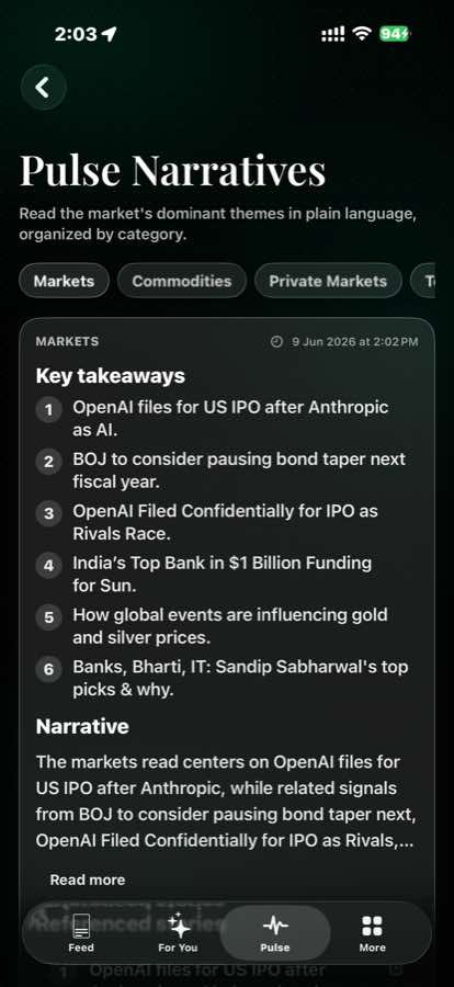 Arbdeck Pulse Narratives screen with key takeaways