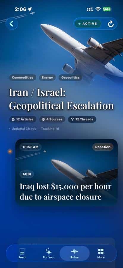 Arbdeck Pulse timeline tracking an Iran and Israel escalation story